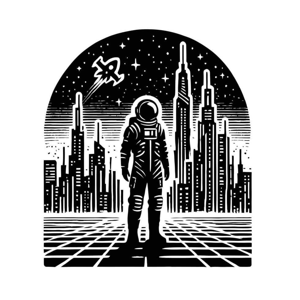 An astronaut standing in front of a city skyline vector
