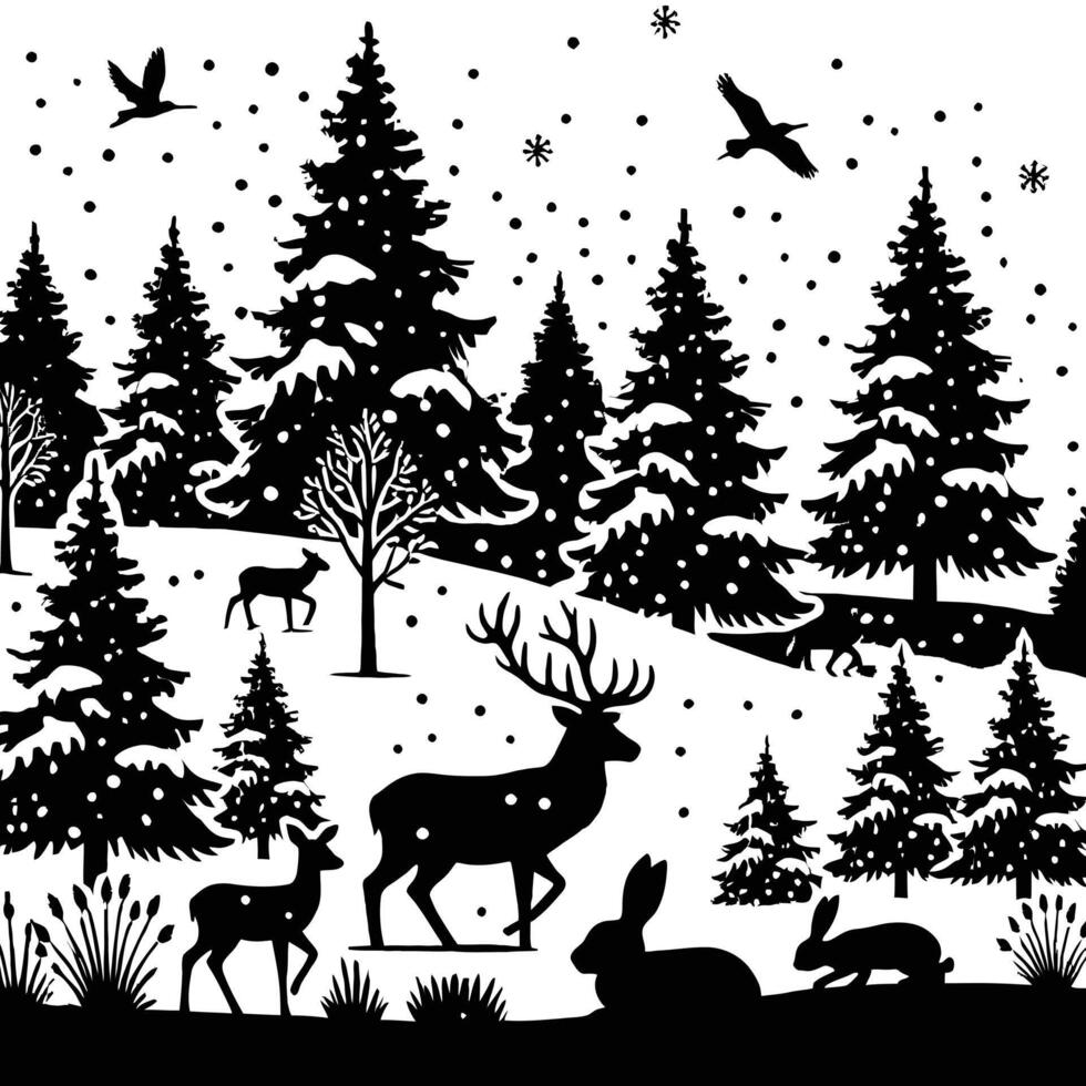 Winter forest scene with deer, birds and trees vector
