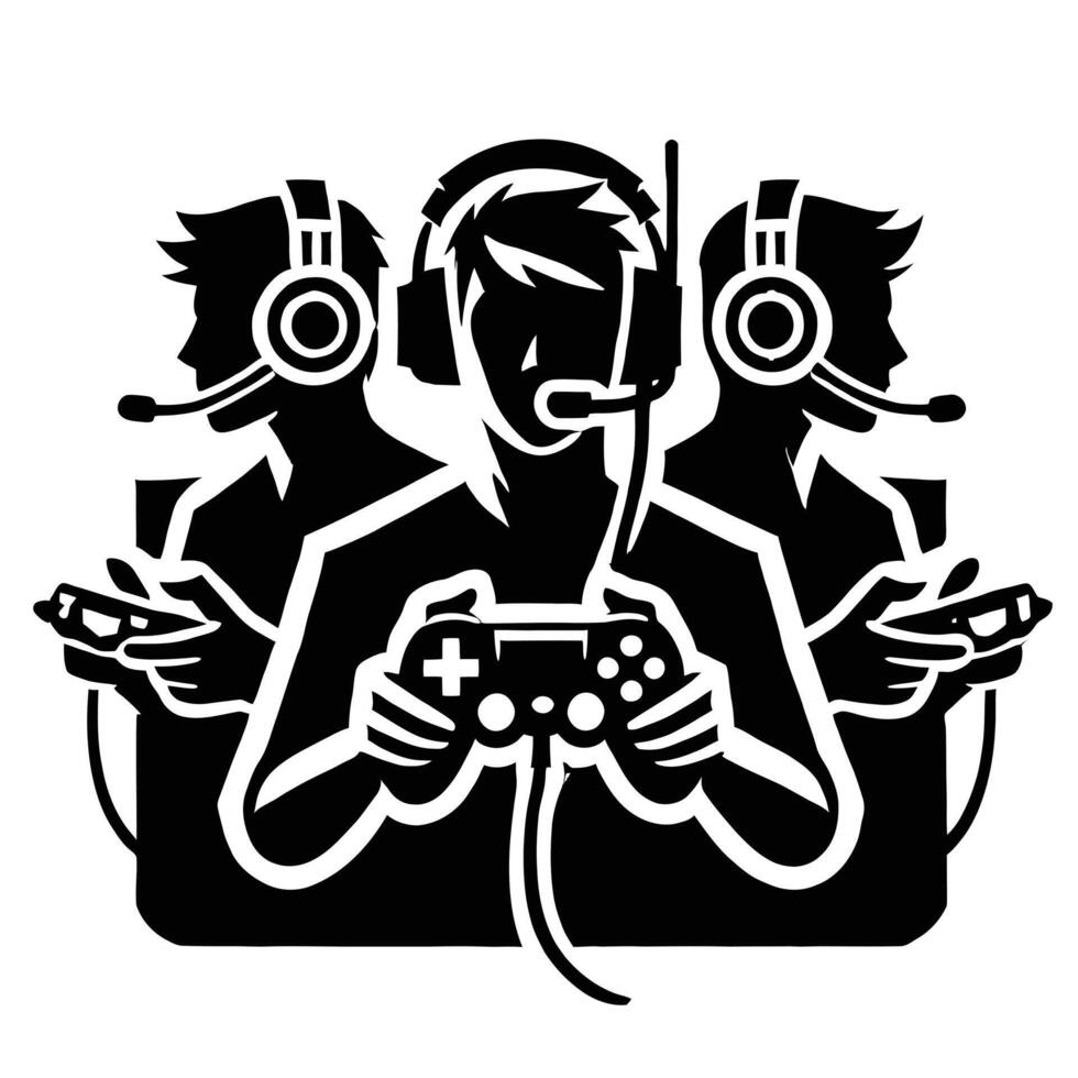 A black and white logo of three people playing games vector