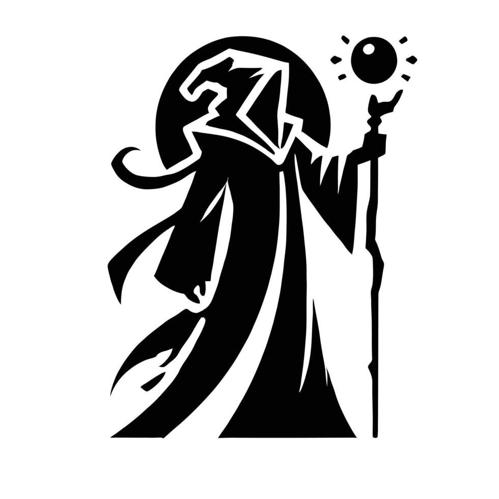 A black and white illustration of a wizard holding a staff vector