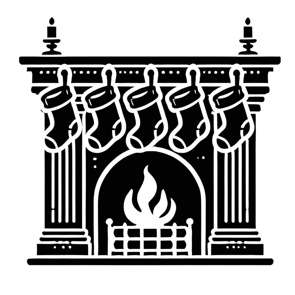 A black and white illustration of a fireplace with stockings hanging on it vector