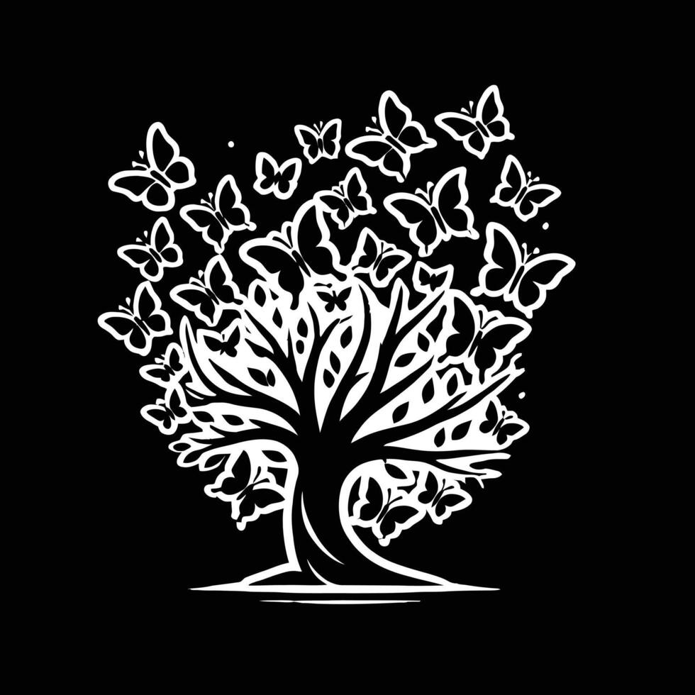 A tree with butterflies flying around it vector