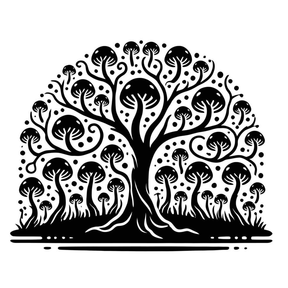 A black and white illustration of a tree with mushrooms vector