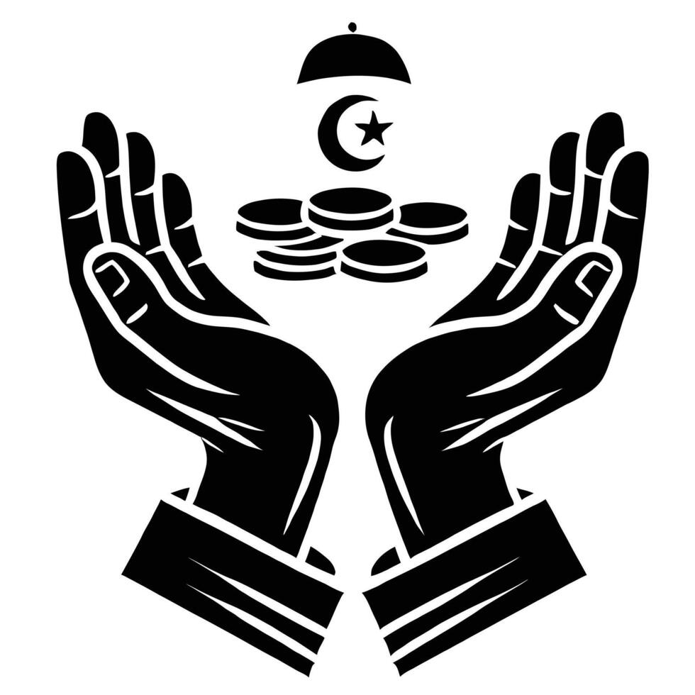Two hands holding a coin and a crescent vector