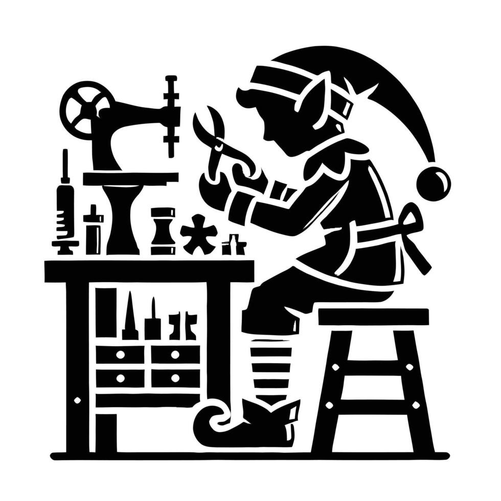 A black and white illustration of a man working on a sewing machine vector