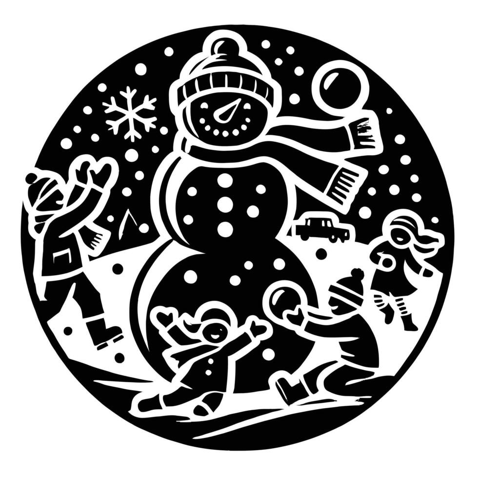 A black and white image of a snowman and children vector