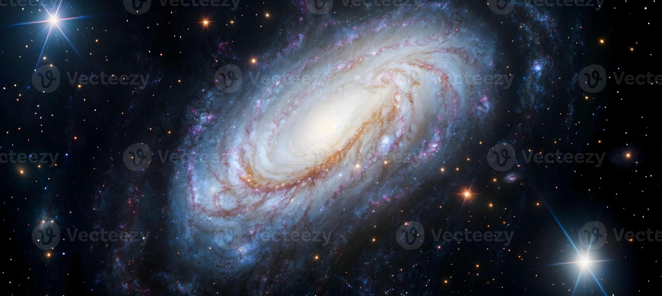 Stunning view of a spiral galaxy filled with bright stars and cosmic dust, showcasing the beauty of the universe from a distant perspective photo