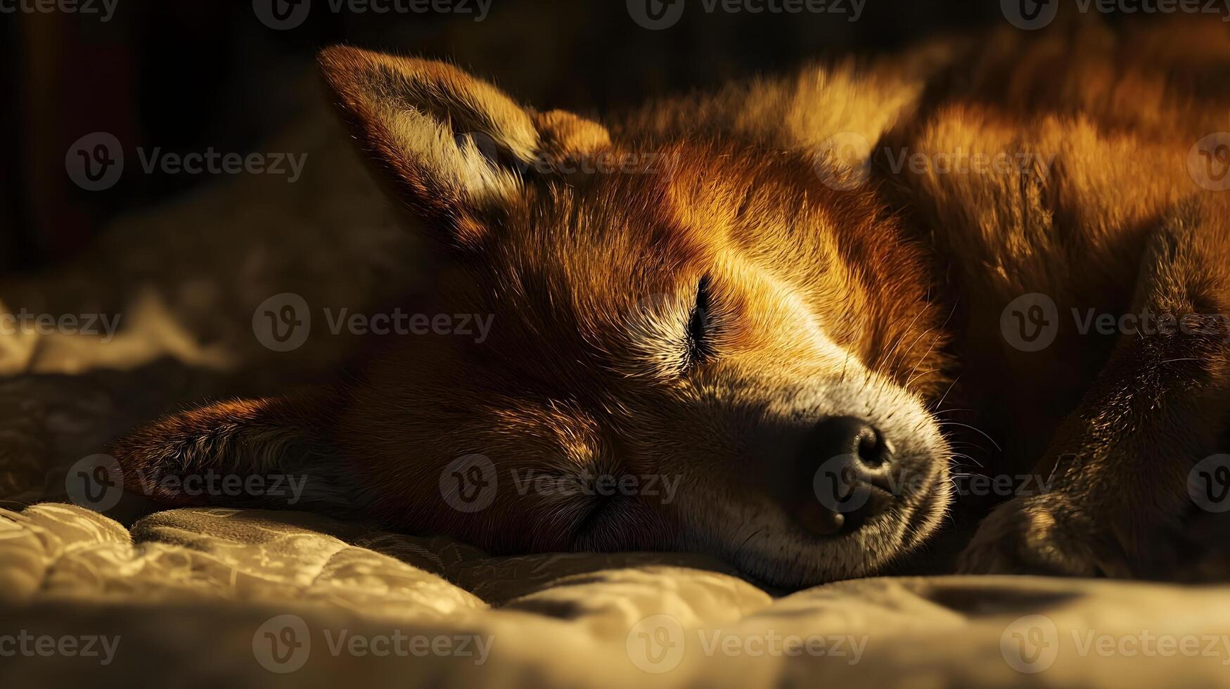 A dog sleeping on a bed photo