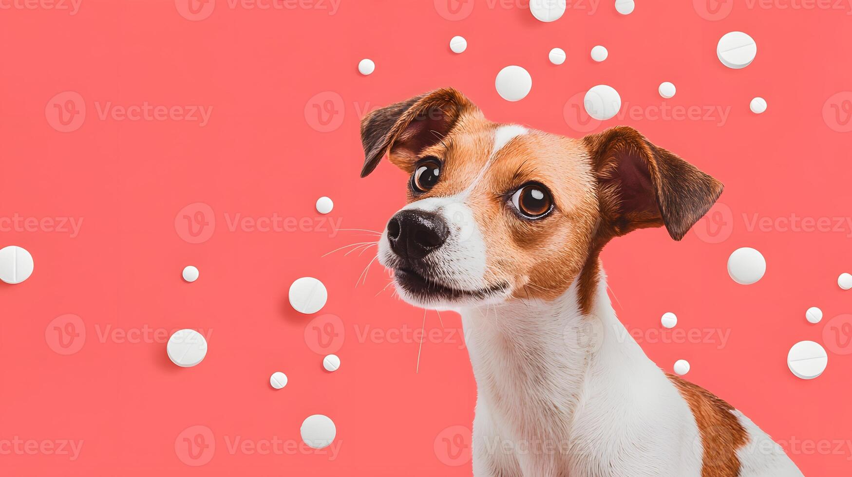 A dog is standing in front of a pink background with bubbles photo