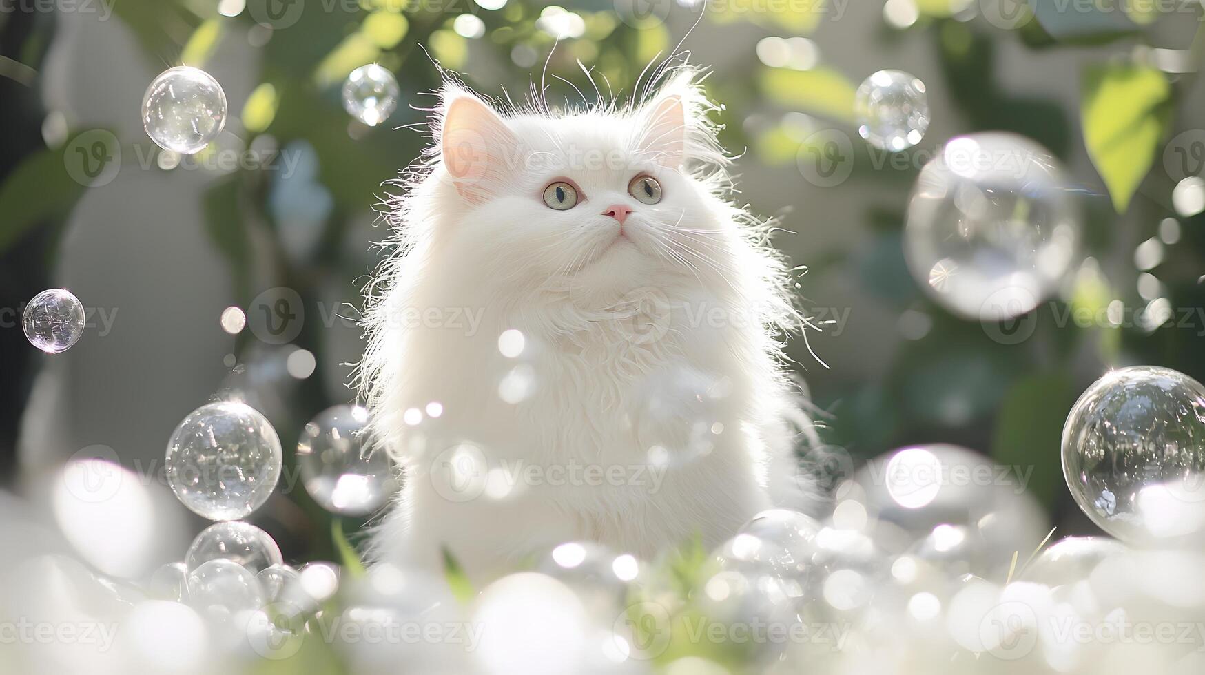 A white cat sitting in the grass surrounded by bubbles photo