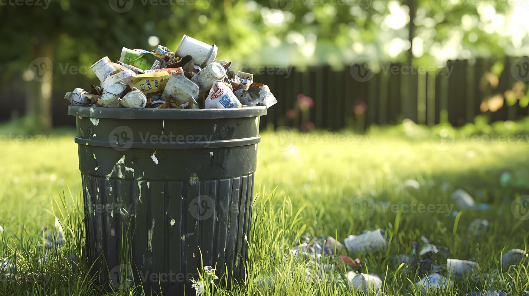 A trash can full of trash on a grassy field photo