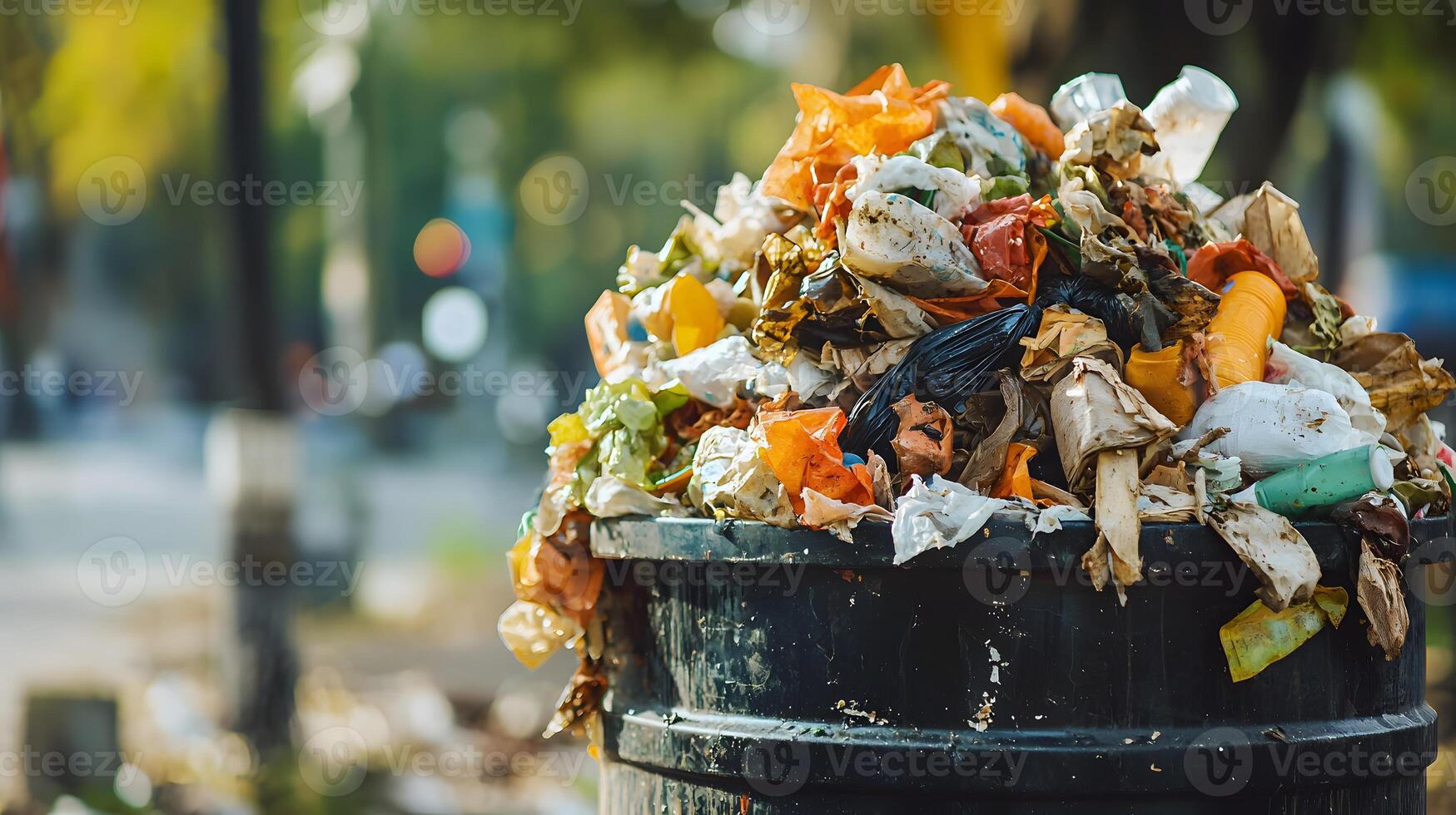 Garbage bin full of garbage on the street photo