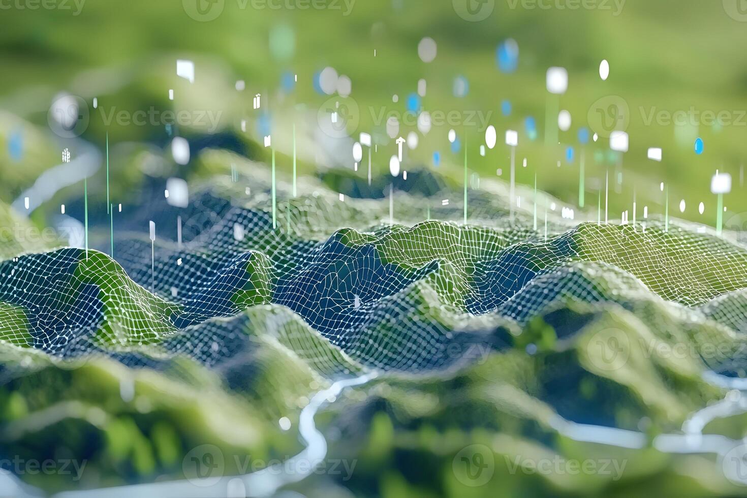 Abstract 3D Render of Green Hills with Data Visualization Overlay Technology and Nature Concept photo