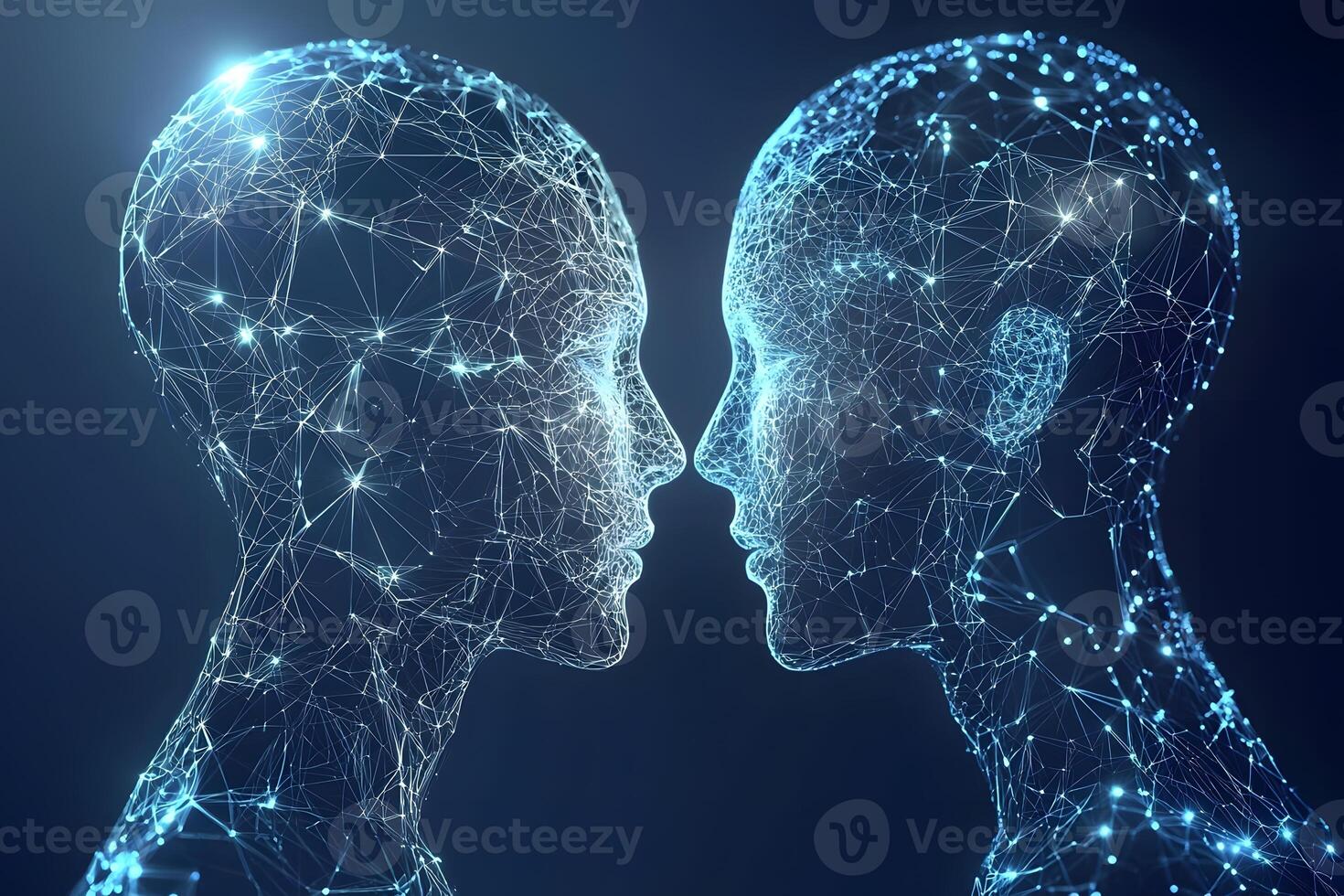 Abstract Digital Connection Two Intertwined AI Faces Networked Nodes Futuristic Technology Concept photo