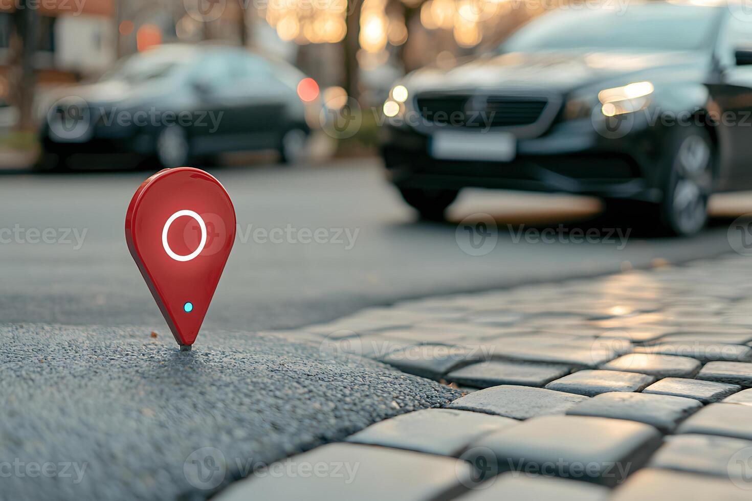 Red GPS Location Pin on Cobblestone Street with Blurred Cars in Background photo