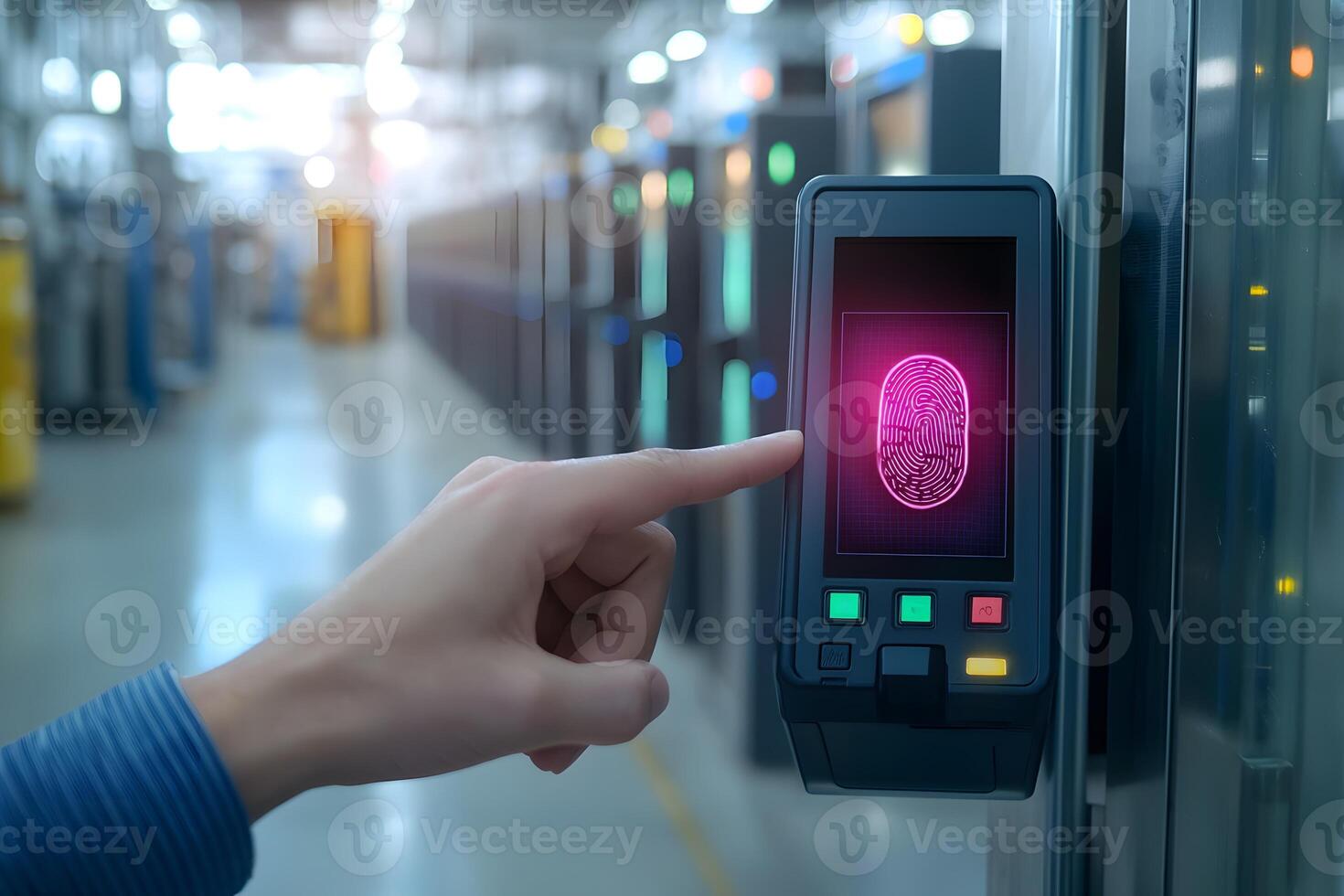 Factory Worker Using Biometric Fingerprint Scanner for Access Control in Industrial Setting photo