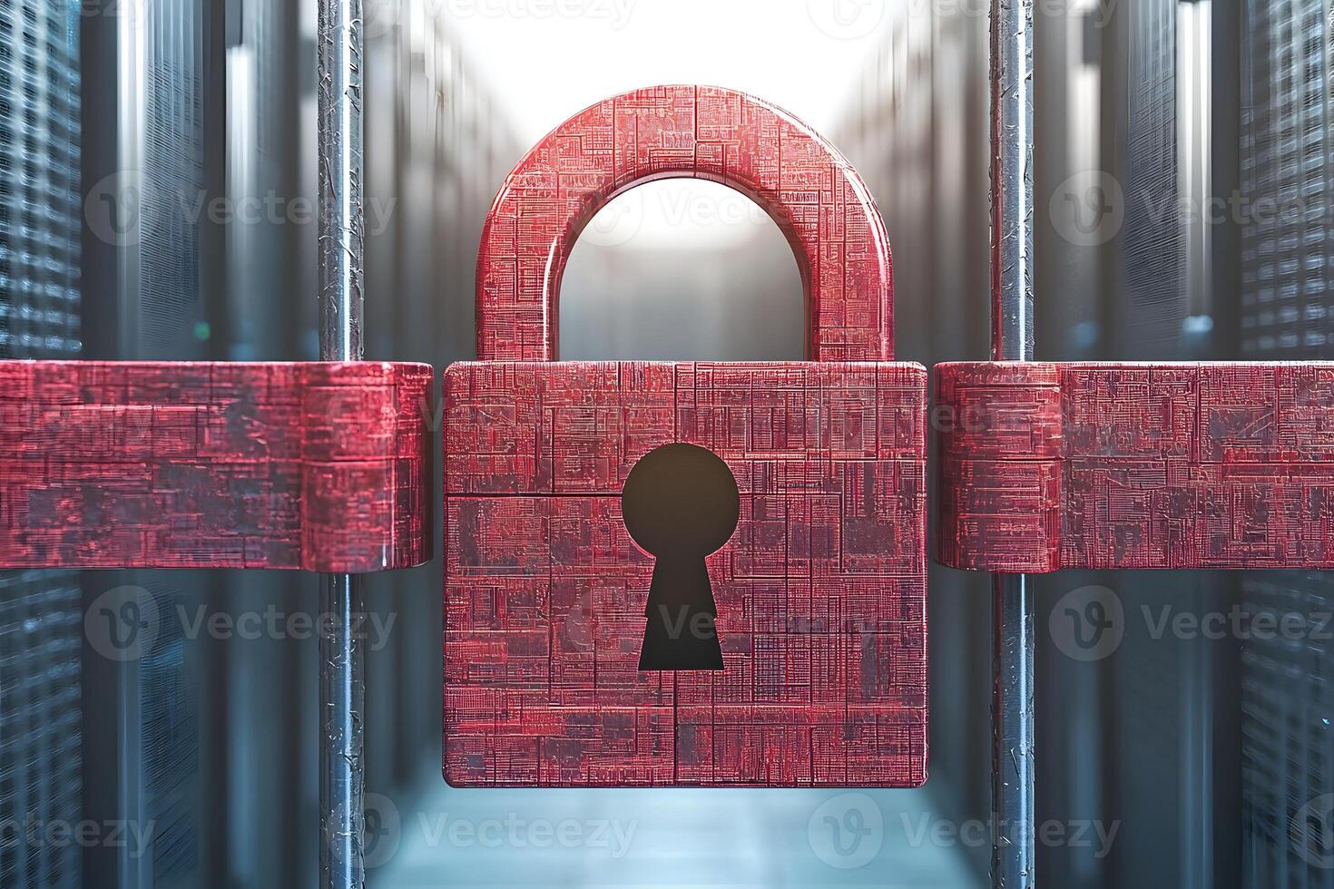 Secure Data Center Red Padlock Cybersecurity Concept Digital Lock Protecting Server Room photo