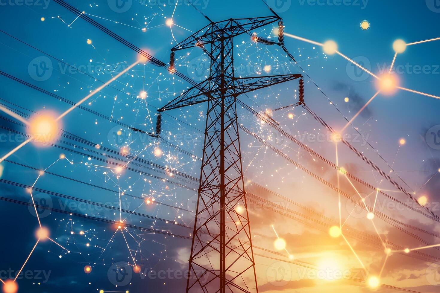 Smart Grid High Voltage Power Transmission Tower at Sunset Electrical Network Connectivity photo