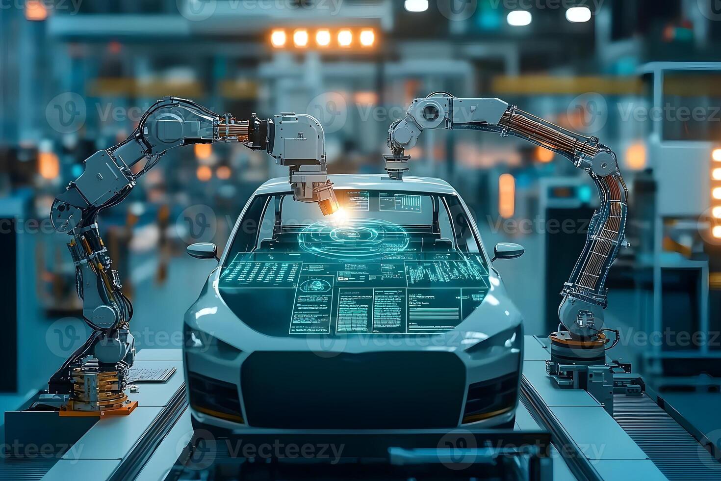 Automated Car Manufacturing Robotic Assembly Line with Futuristic HUD Technology photo