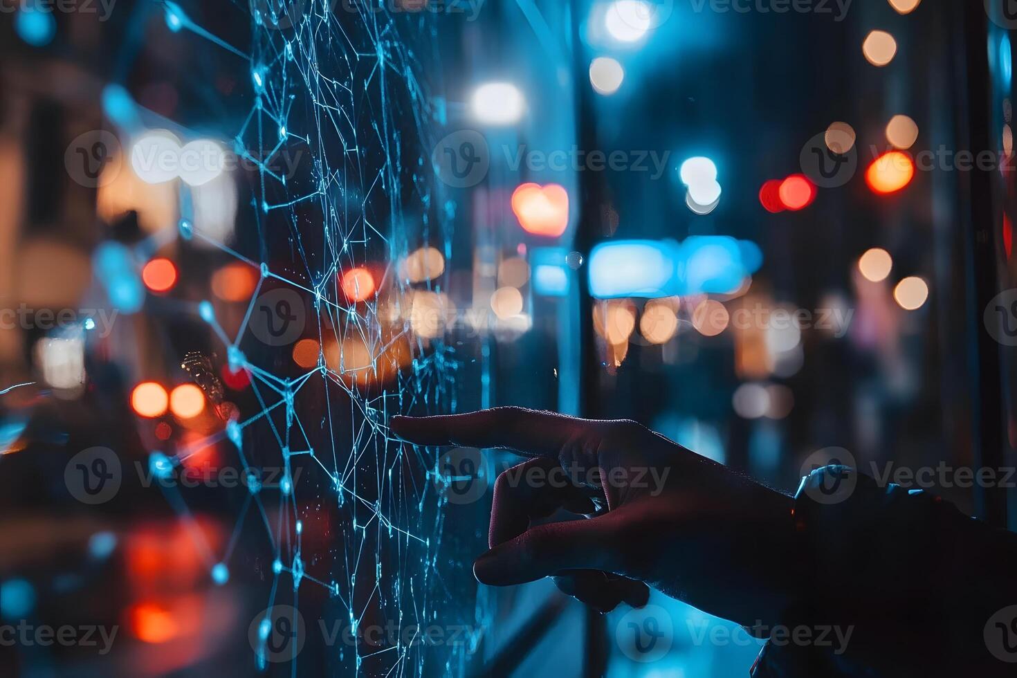 Futuristic Cityscape Hand Interacting with a Digital Network Interface at Night photo