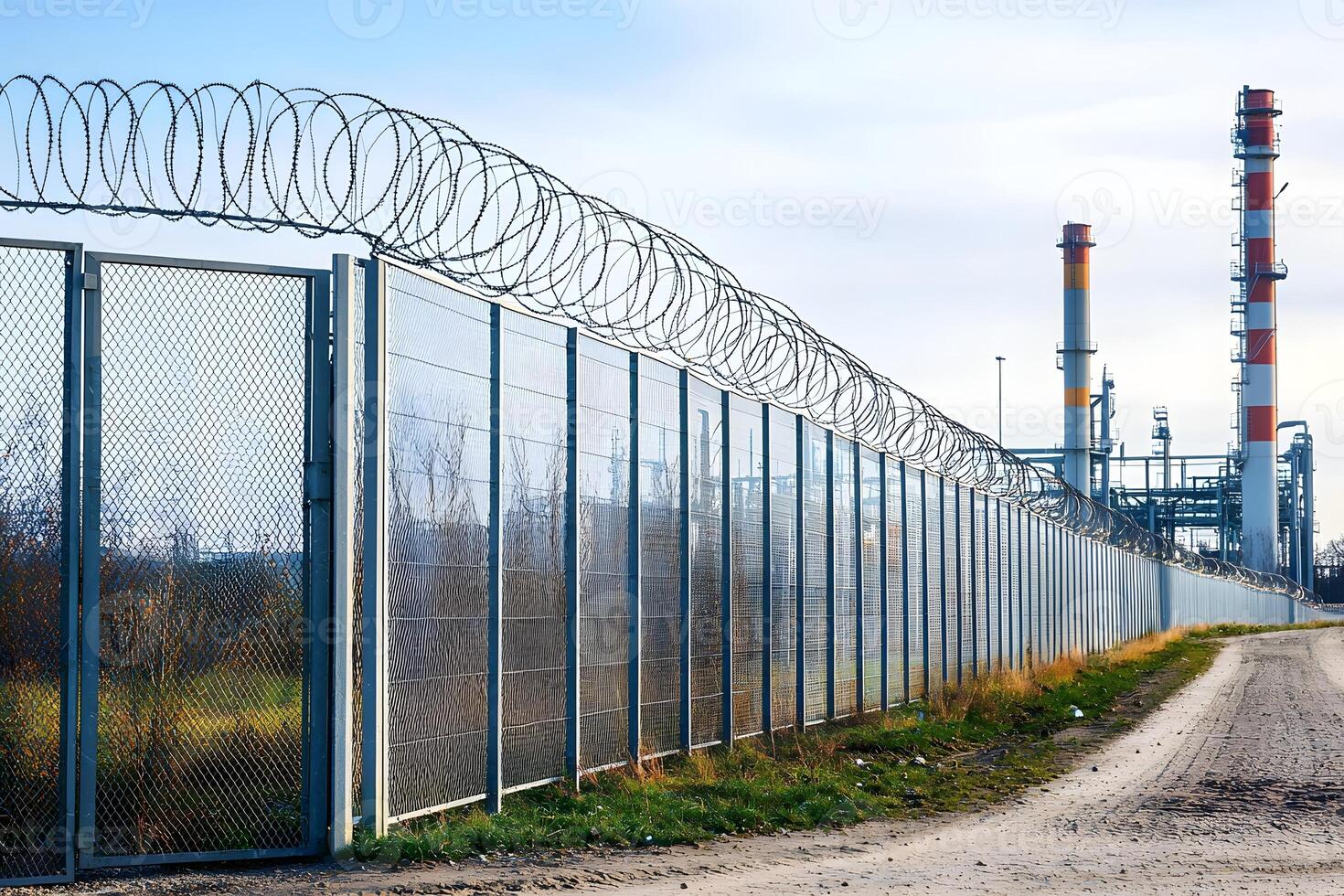 Industrial Security Fence with Razor Wire Protecting Refinery Plant photo
