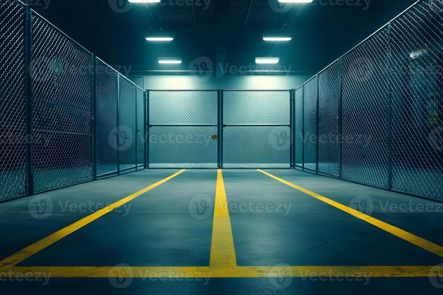 Enclosed Parking Garage with Chain Link Fence Yellow Lines and Gates at Night photo