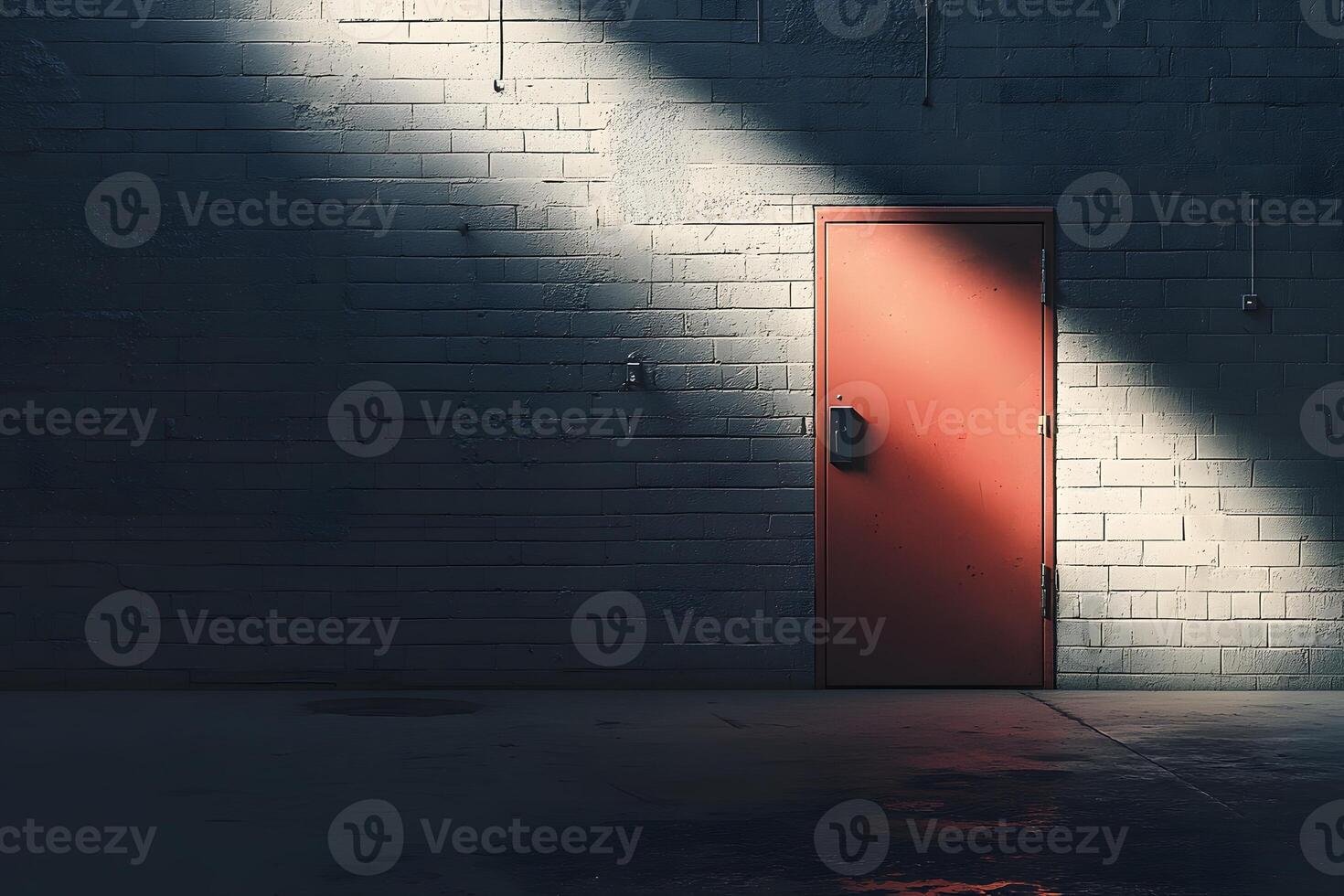 Dramatic Red Door in Spotlight Against Brick Wall Urban Mystery Exit photo