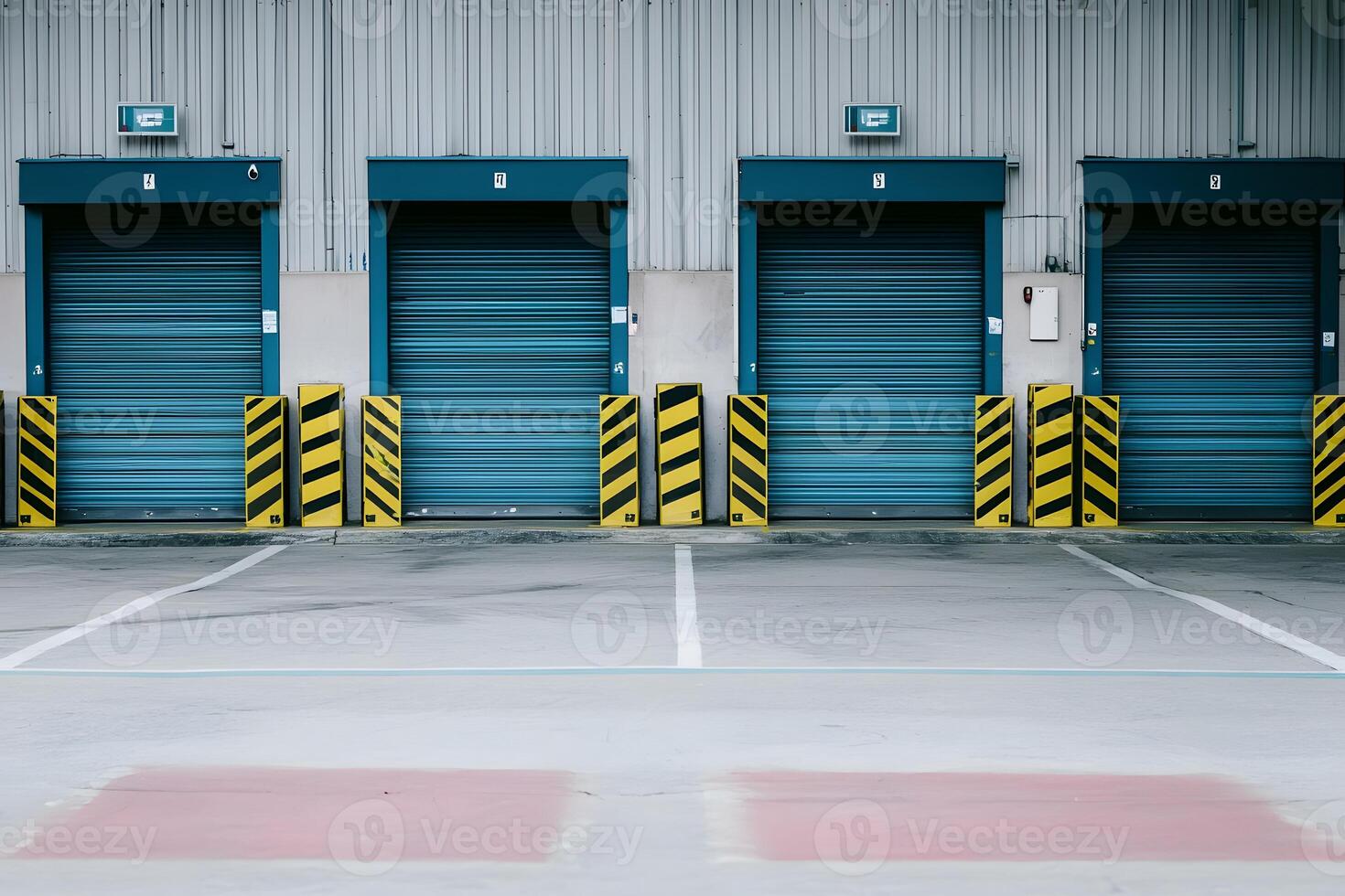 Four Blue Industrial Loading Docks with Yellow and Black Safety Bollards photo