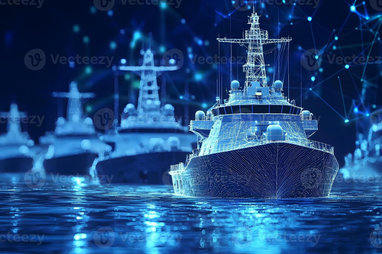 Futuristic Warship Fleet Connected Network Digital Ship Model Naval Technology photo