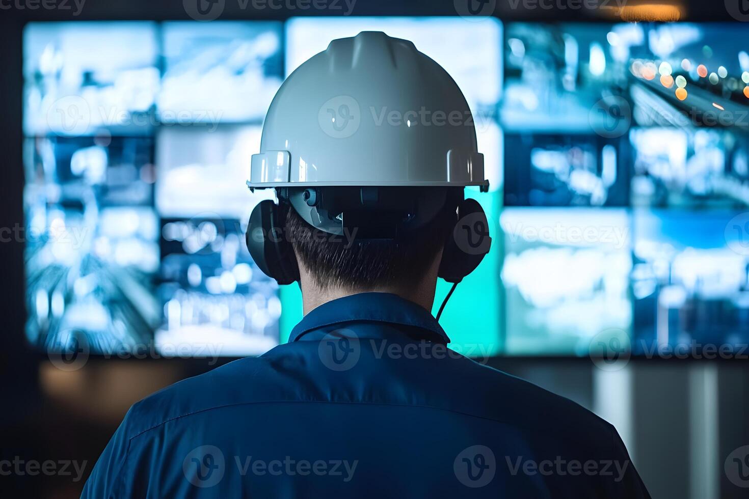 Security Officer Monitoring Multiple Screens CCTV Surveillance Safety and Protection Technology photo