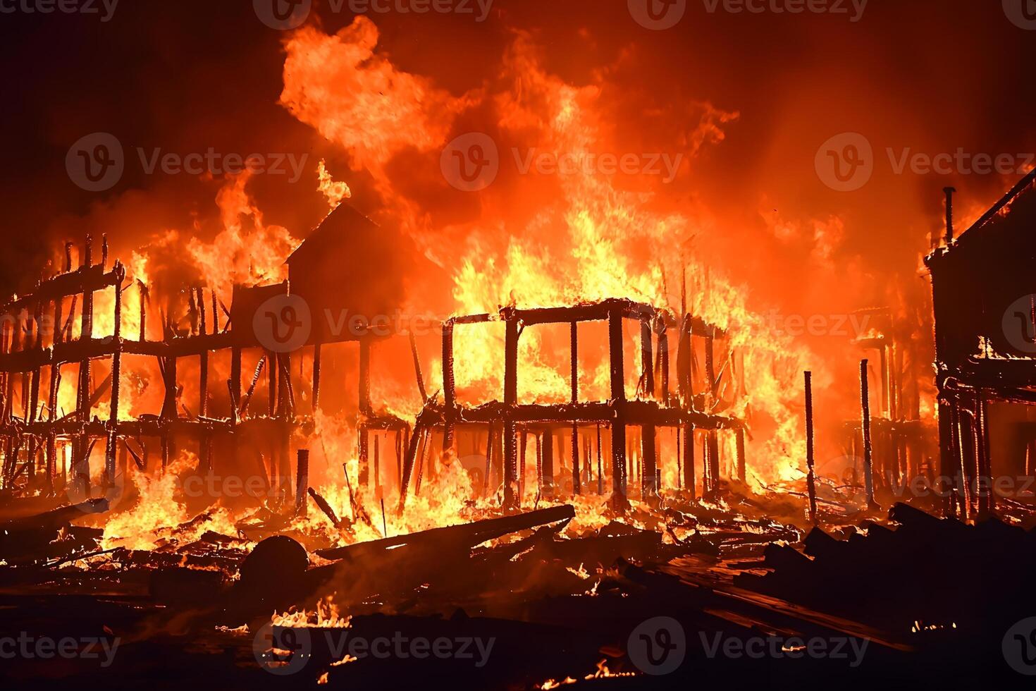 Intense Blaze Consumes Wooden Structures Fiery Inferno Building Fire Disaster photo