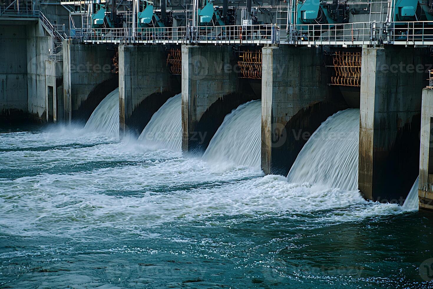 Powerful Water Flowing Through Dam s Spillways Hydroelectric Power Generation photo