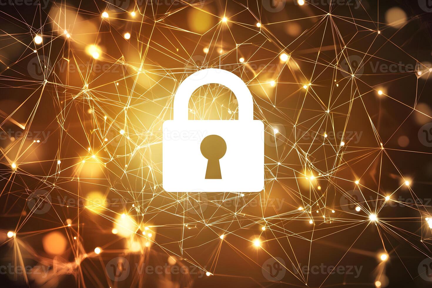 Secure Network Data Protection Digital Padlock on Golden Abstract Background photo
