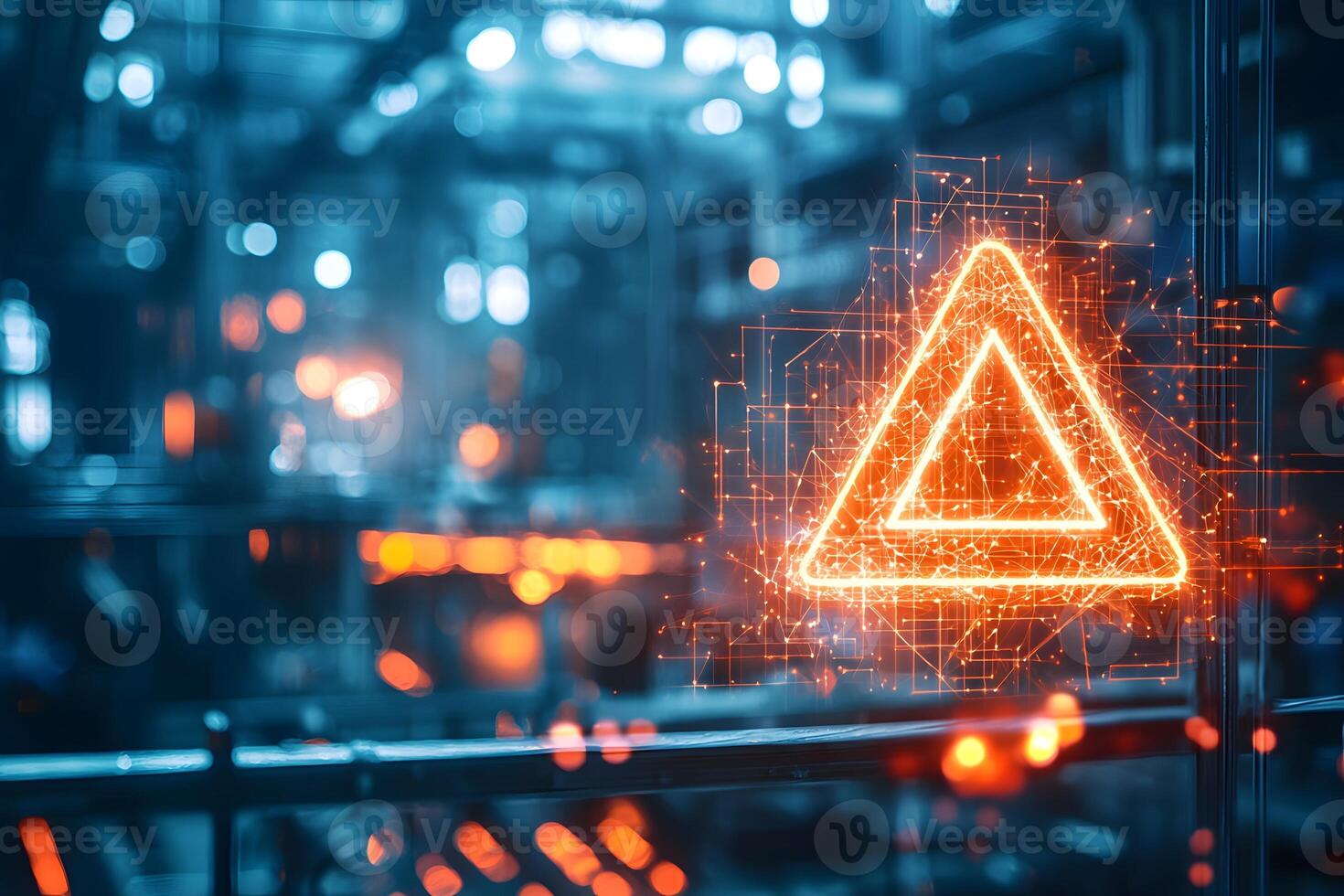 Glowing Network Warning Triangle Cybersecurity Alert on Digital Interface photo