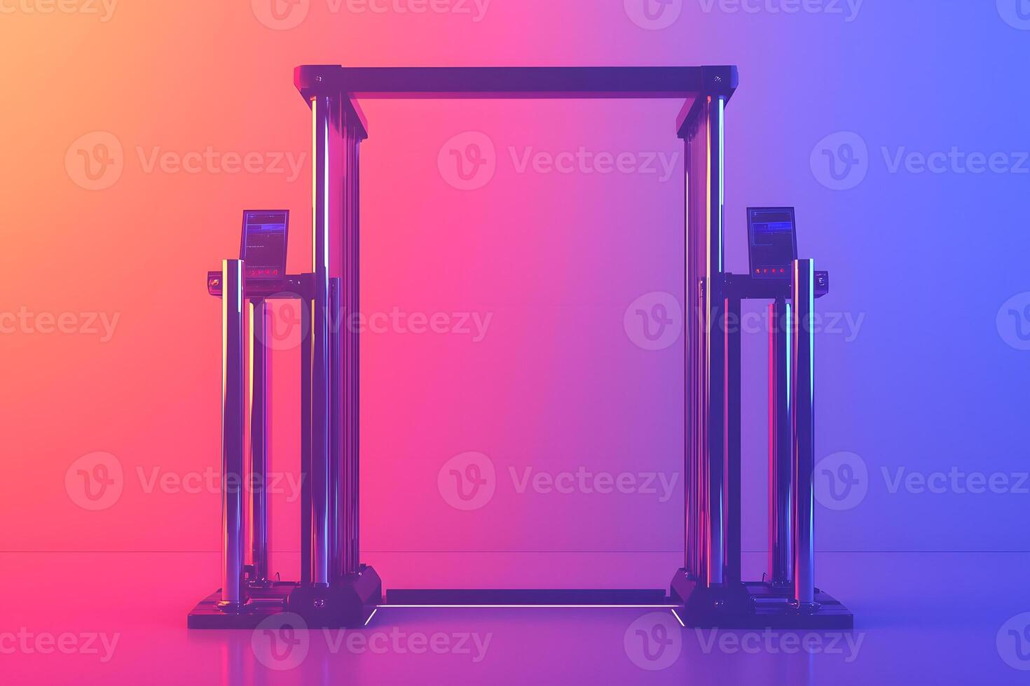 Futuristic Metal Scanner Gateway with Digital Screens Neon Pink and Purple Background photo