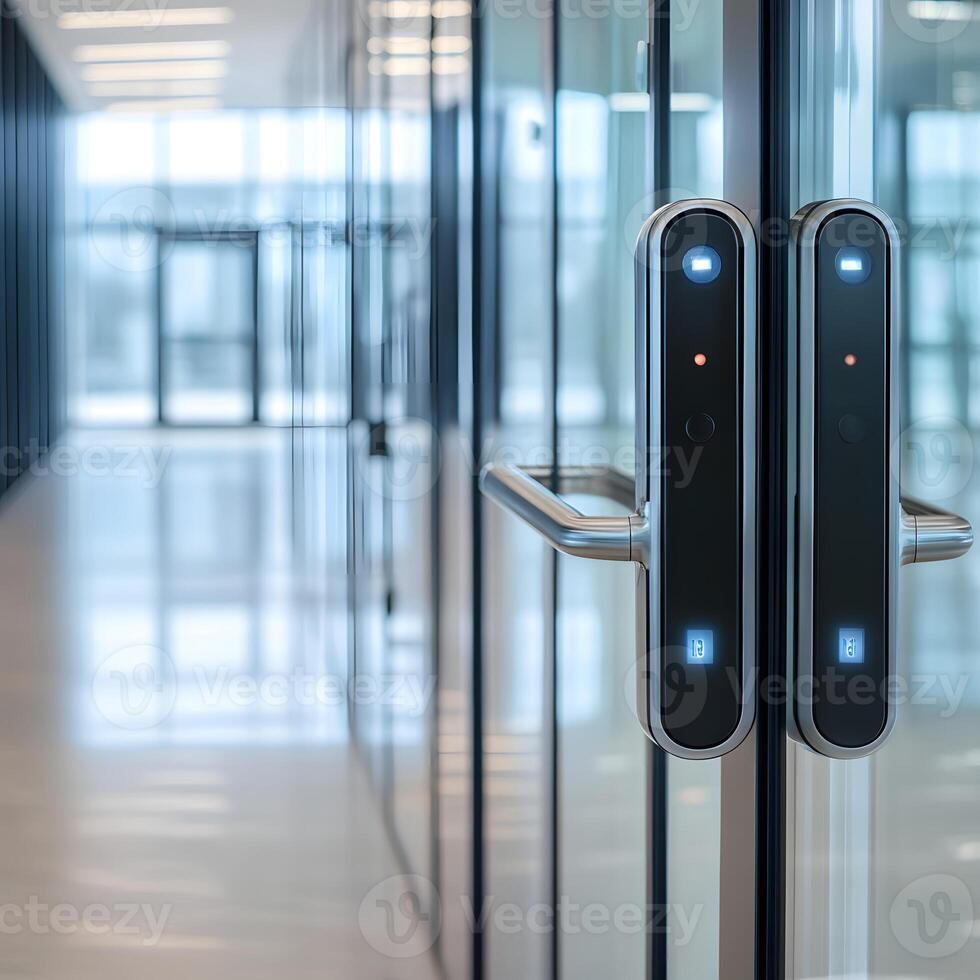 Modern Office Access Control System Glass Door with Digital Locks and Handle photo
