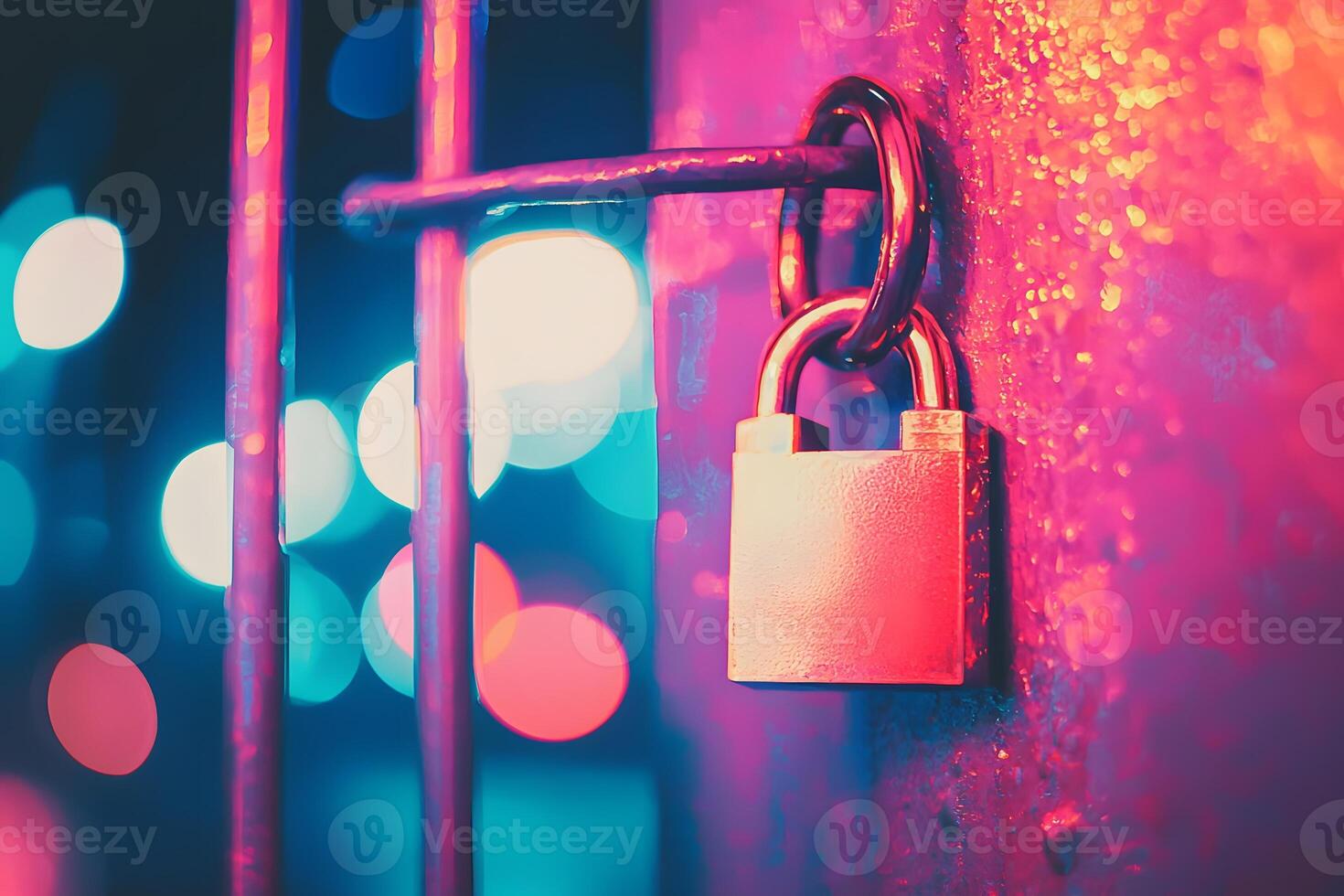 Padlock on Metal Gate at Night Vibrant City Lights Bokeh Background photo