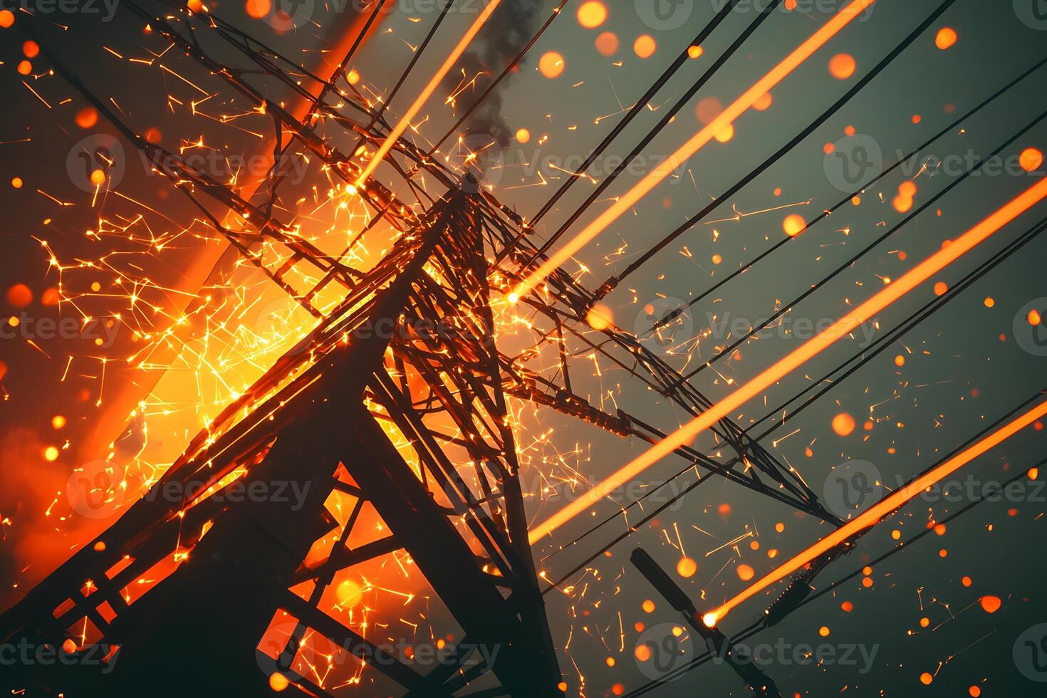 Electrical Tower Sparks High Voltage Power Transmission Line Arcing and Short Circuit photo