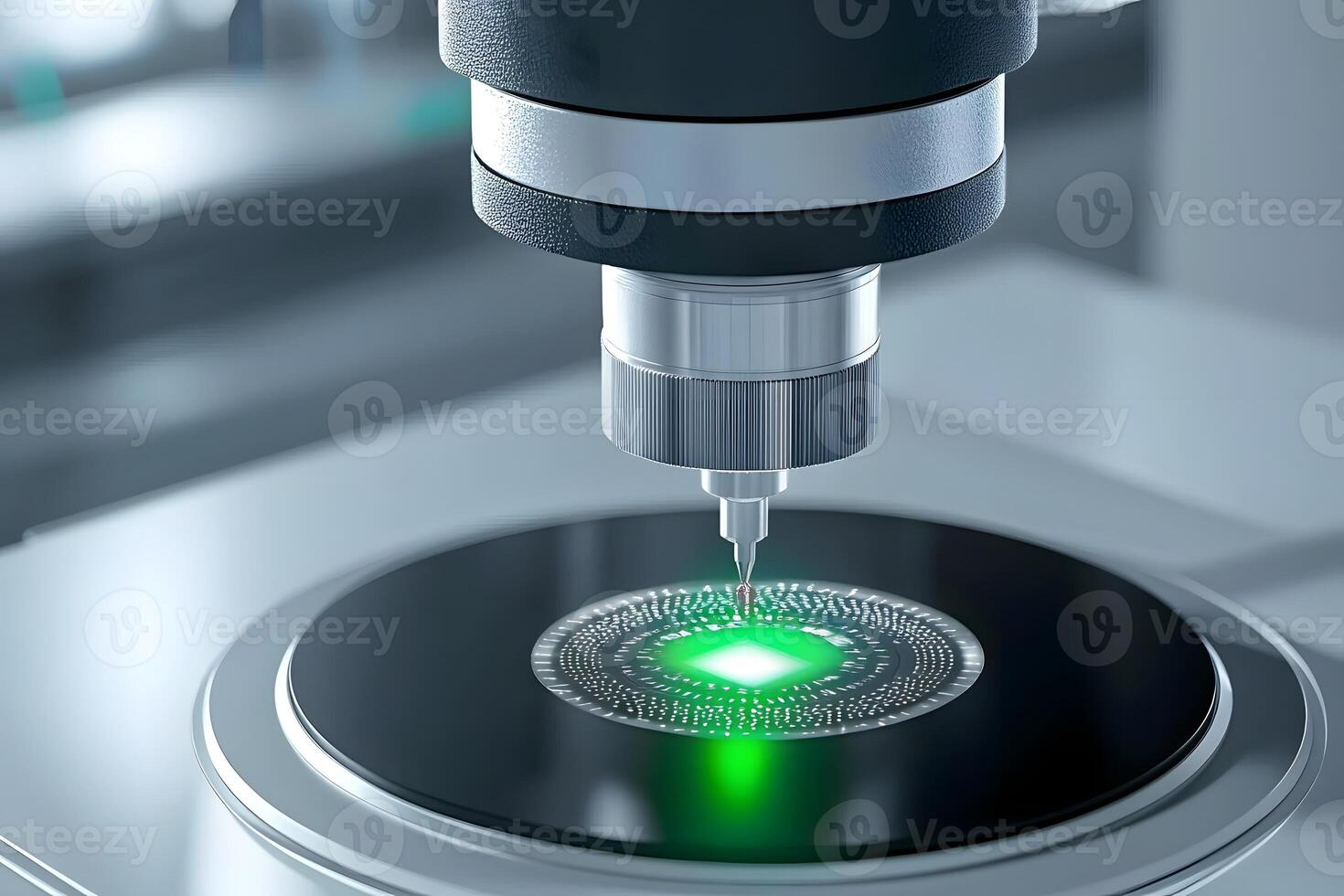 Precision Microchip Manufacturing Automated Assembly Process with Green Illumination photo