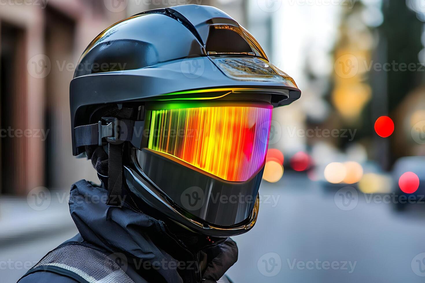 Futuristic Motorcycle Helmet with Illuminated Visor on City Street photo