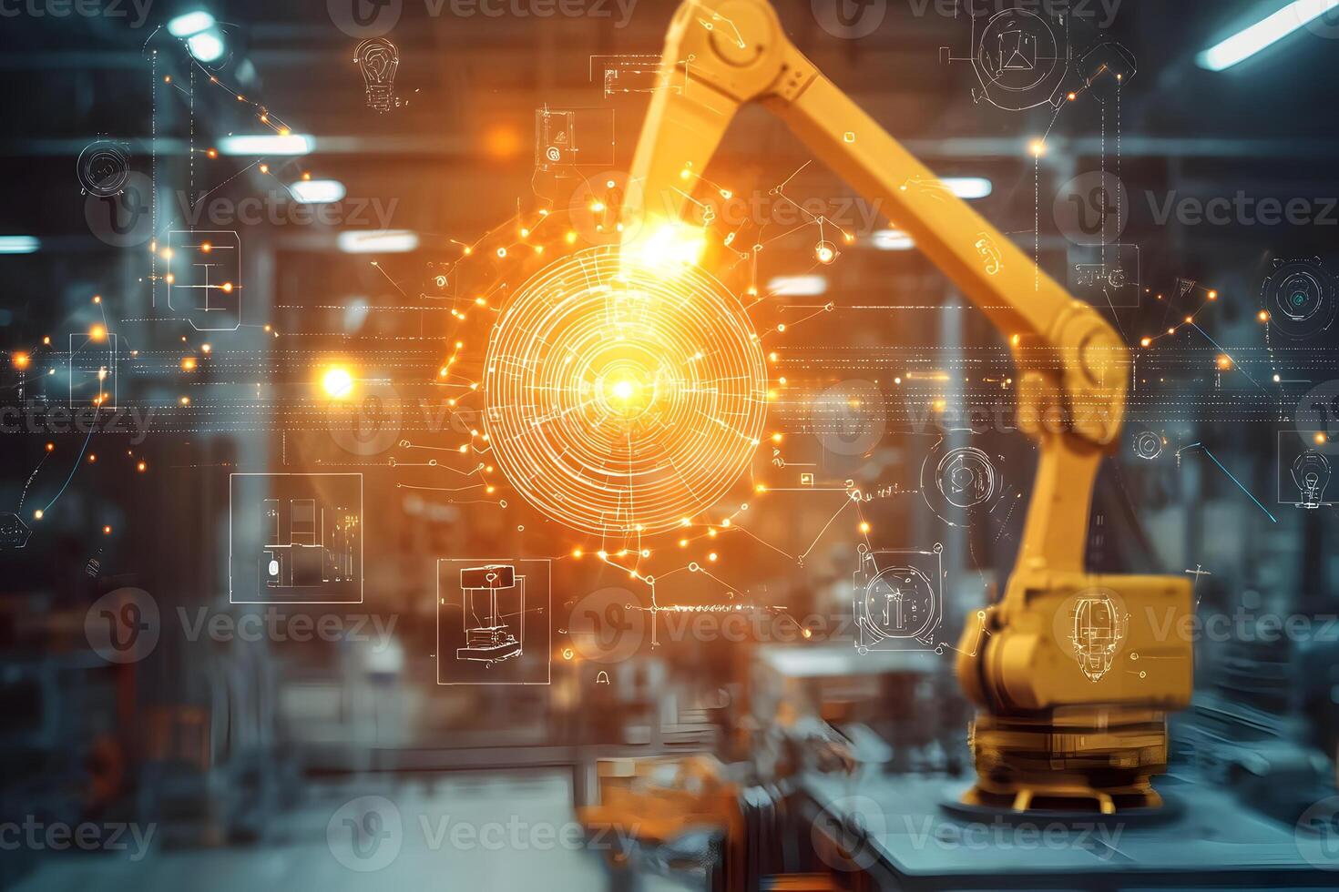 Advanced Robotic Arm in Smart Factory with Futuristic Interface and Data Visualization photo