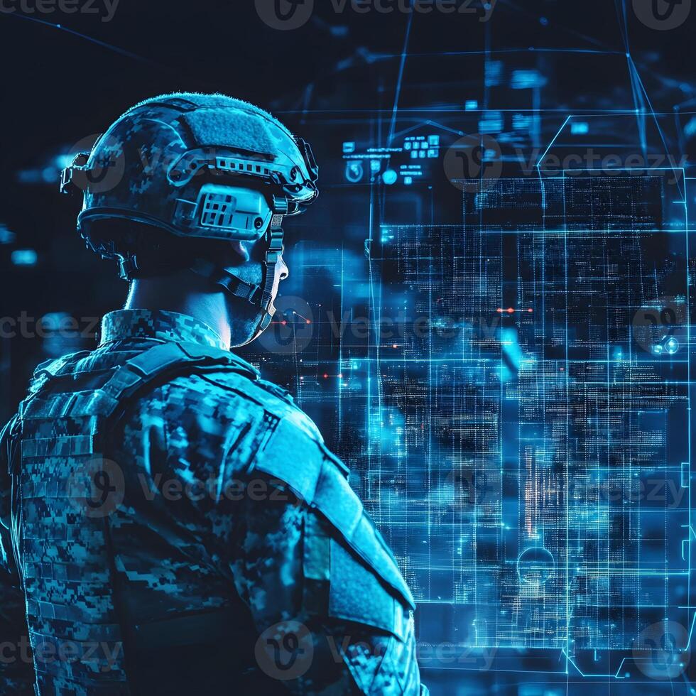 Soldier Reviewing Tactical Data on Futuristic Digital Interface photo