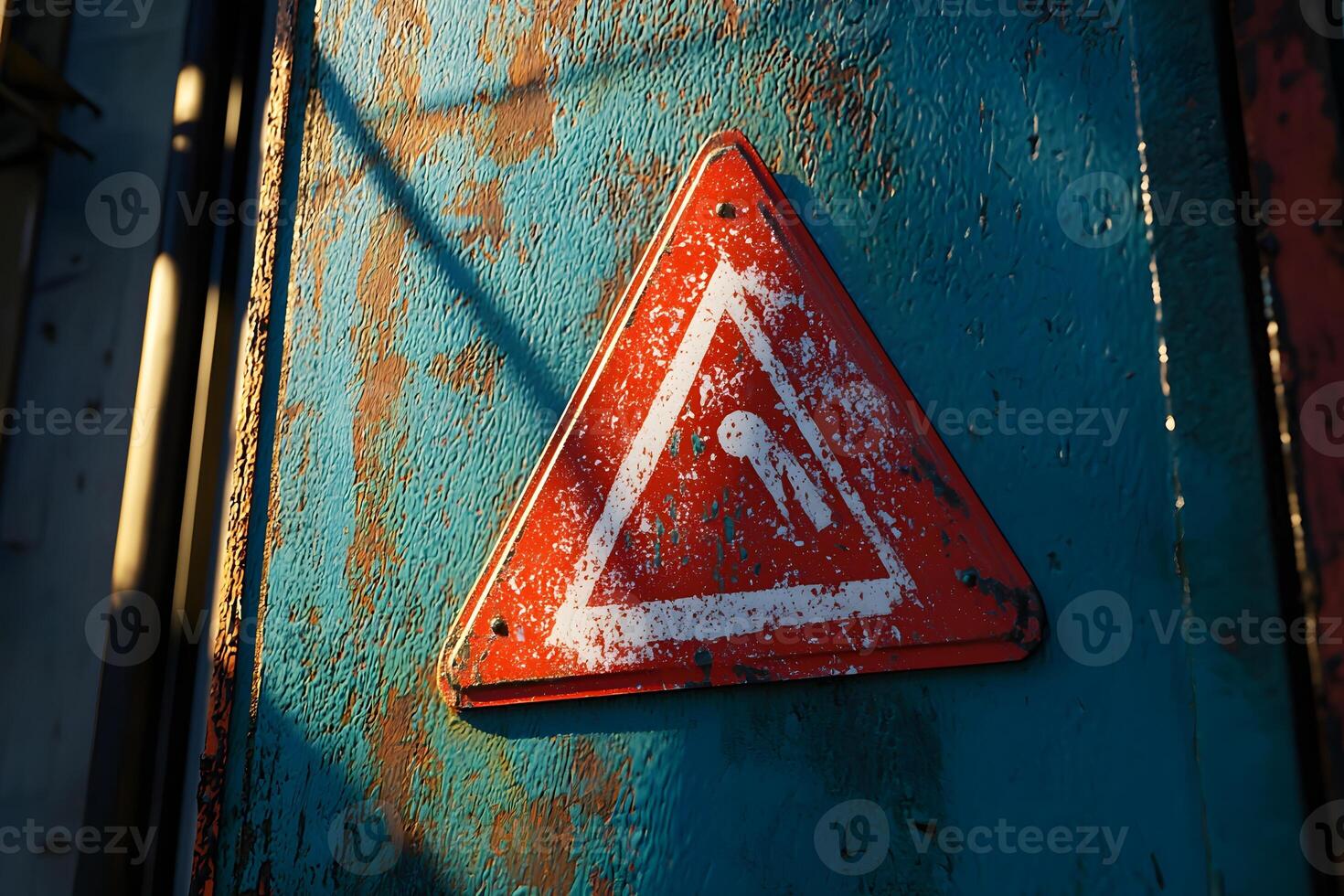 Weathered Red Triangle Warning Sign on Rusted Teal Metal Surface photo