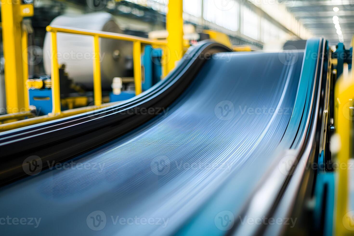 Industrial Conveyor Belt System Close up of Moving Material Handling Equipment in Factory photo