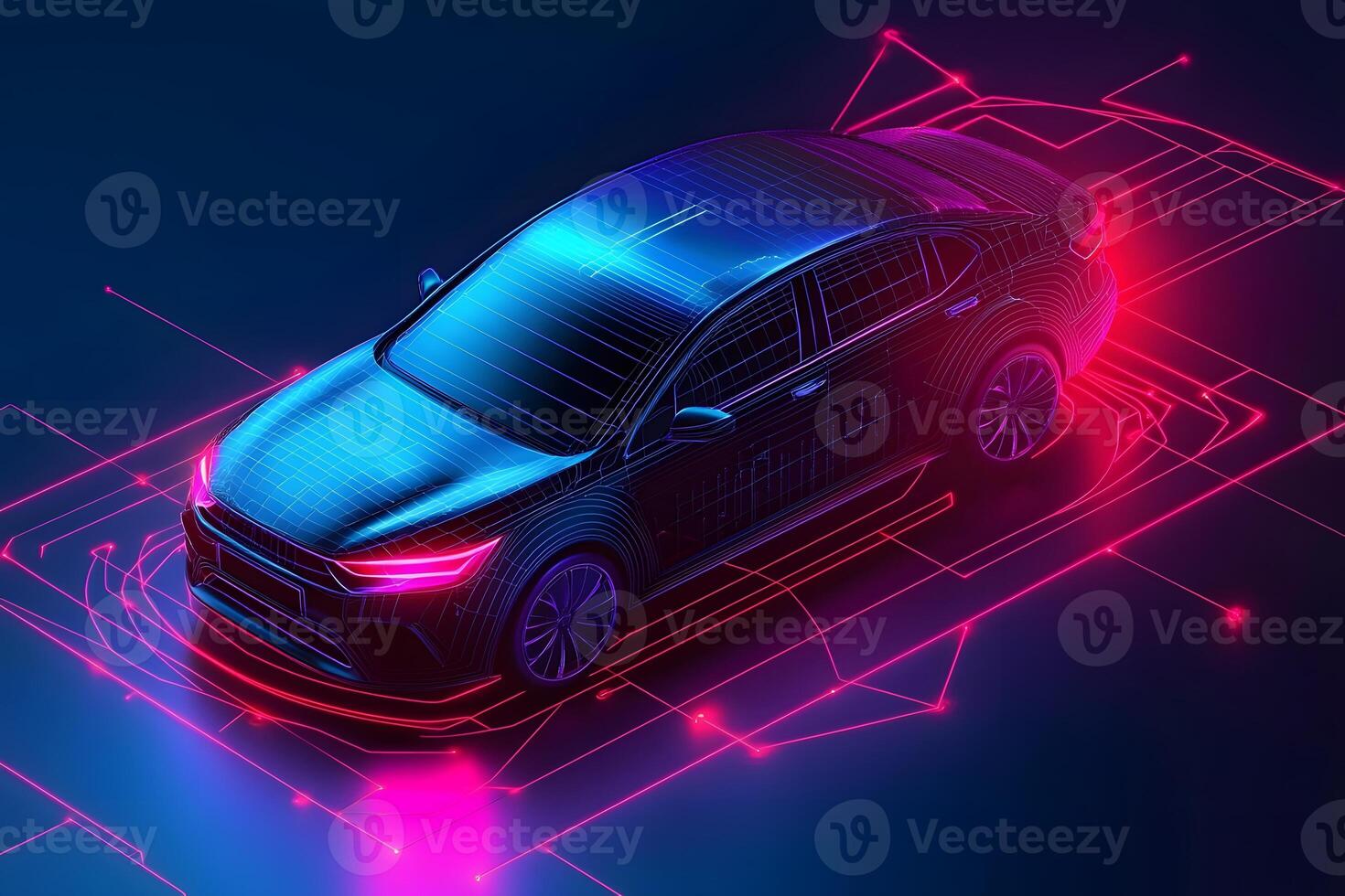 Futuristic Wireframe Sedan Car Design Neon Lights Digital Technology Concept photo