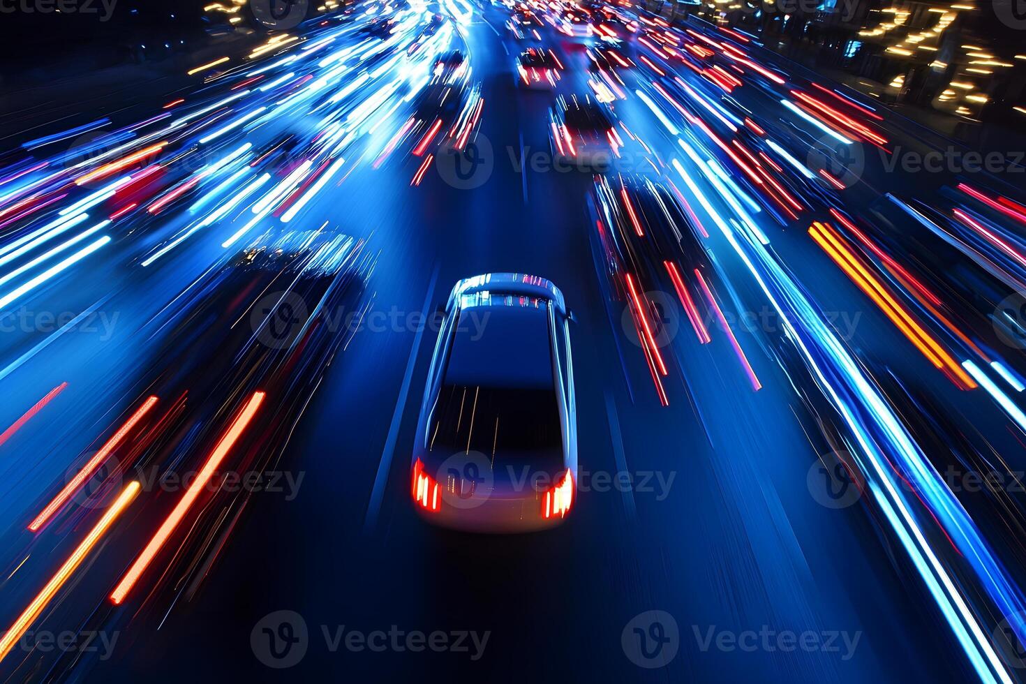 Night Traffic Dynamic City Highway with Fast Moving Cars and Colorful Light Trails photo