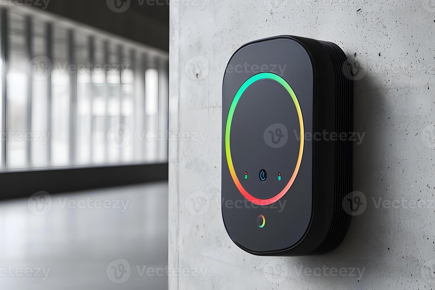 Modern Smart Home Energy Meter with RGB LED Ring on Concrete Wall photo
