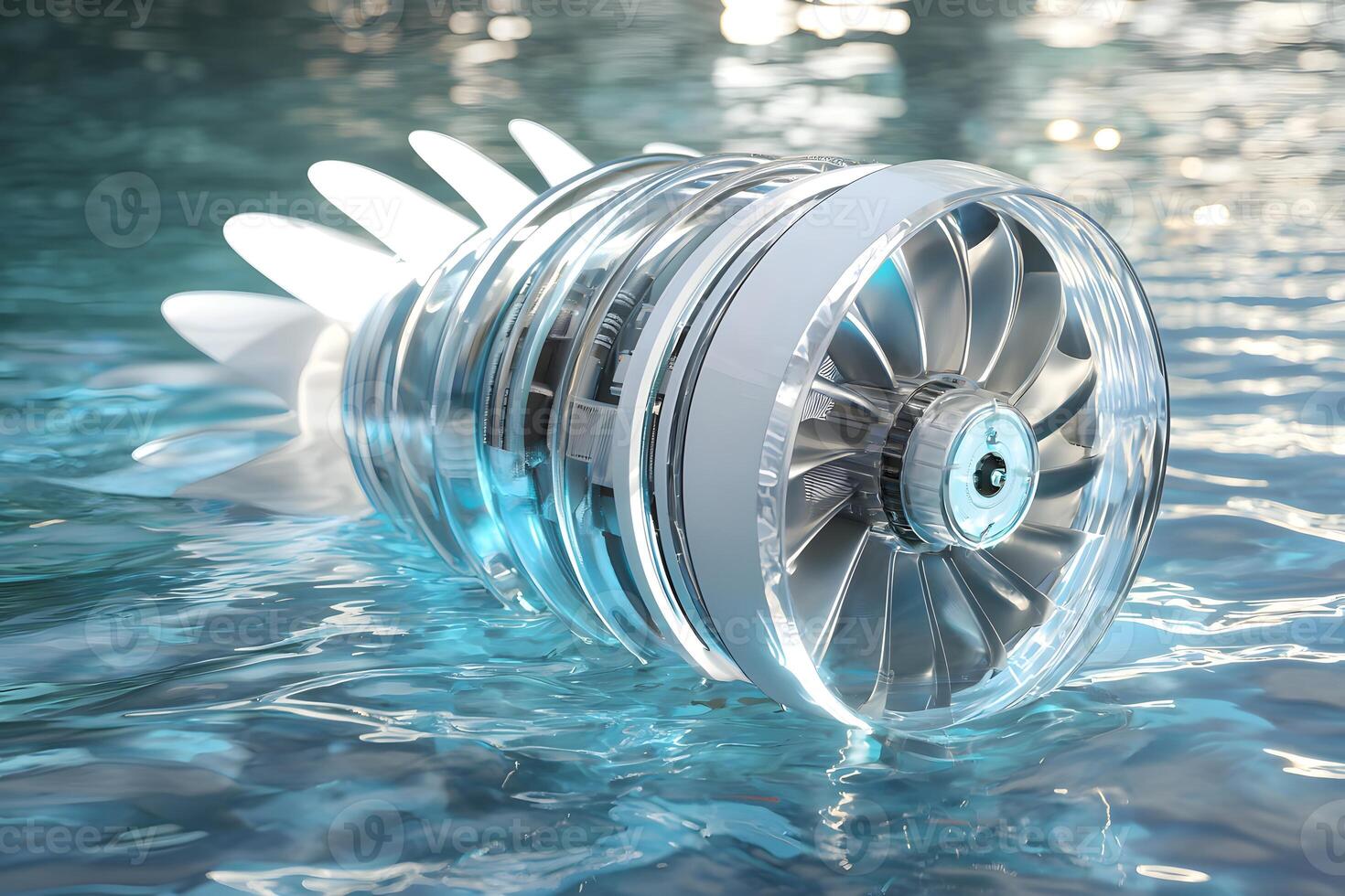 Futuristic Hydro Turbine Engine in Clear Water Innovative Clean Energy Technology photo
