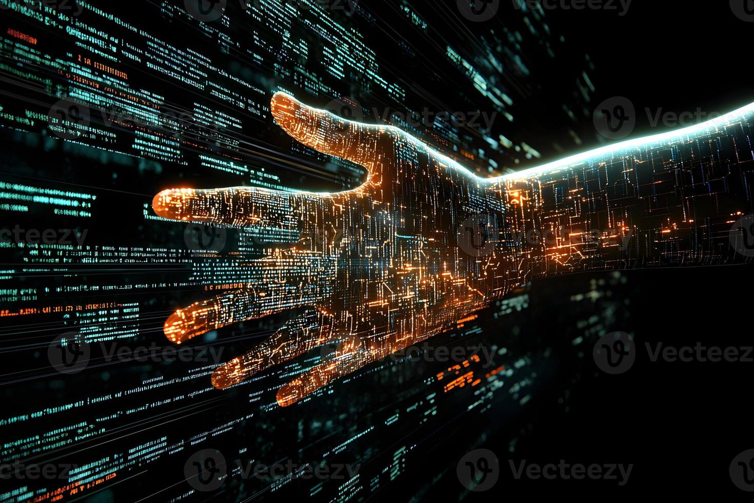 Futuristic Digital Hand Reaching Through Binary Code Stream Abstract Technology Concept photo