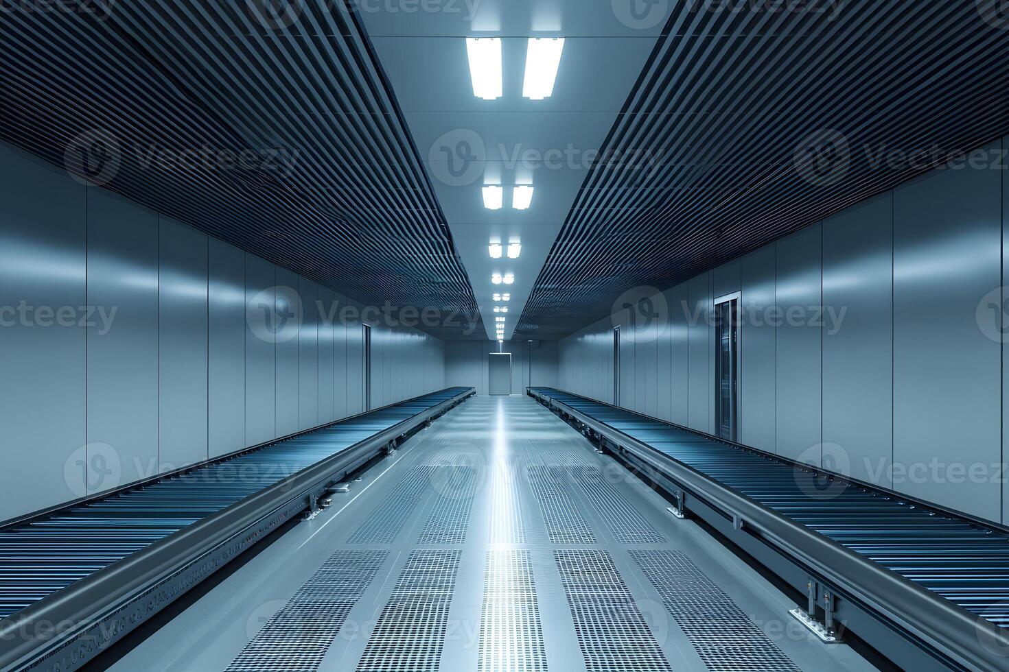 Modern Industrial Conveyor Belt System in a Futuristic Metal Corridor photo